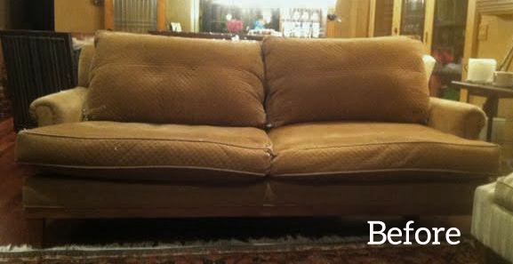 brown sofa before slipcover