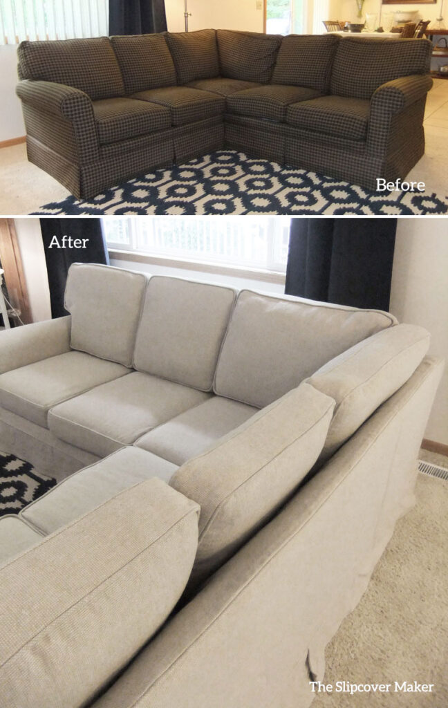 4 Money Saving Tips For Slipcovering Your Sectional The Slipcover Maker   Linen Cotton Sectional Slipcover Before And After 648x1024 