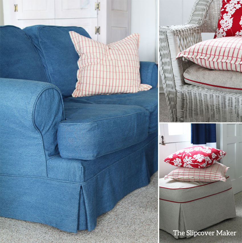 Indigo blue denim sofa loveseat with read pillows.