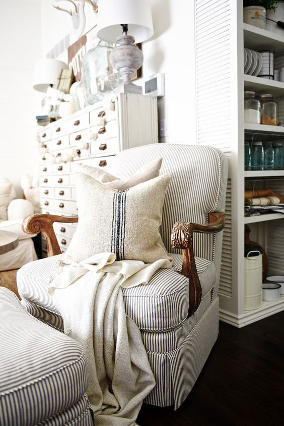 Ticking stripe upholstered French style chair.