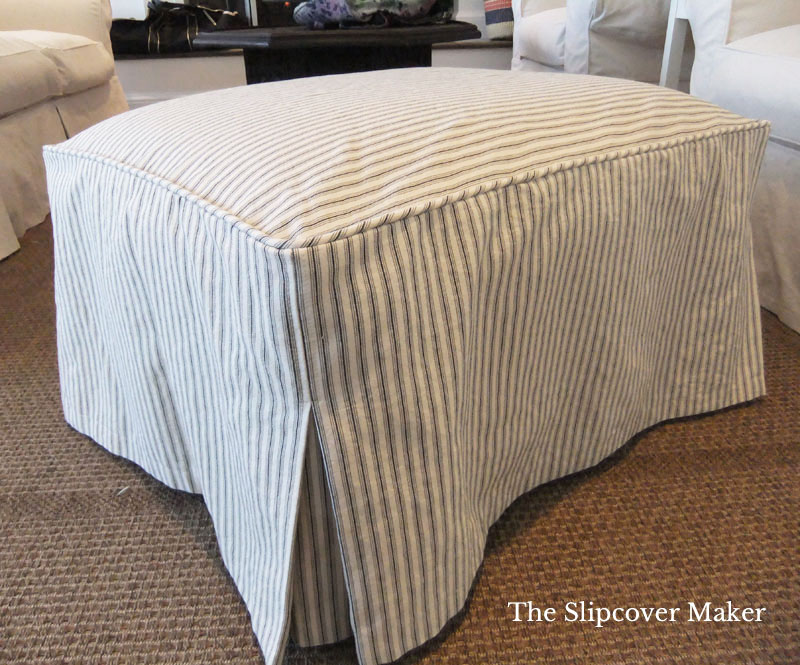 Simple ticking stripe ottoman cover with faux boxing.