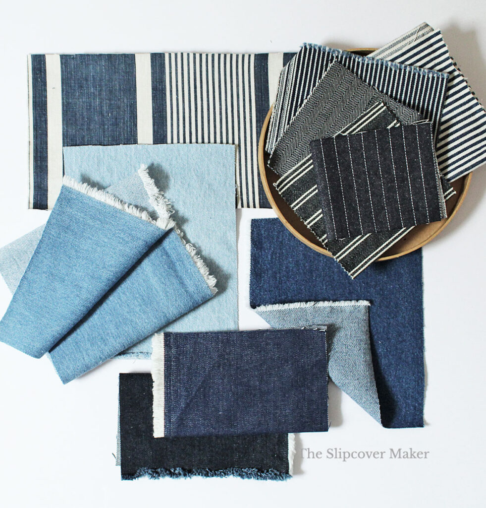 Swatches of denim in different shades of blue.