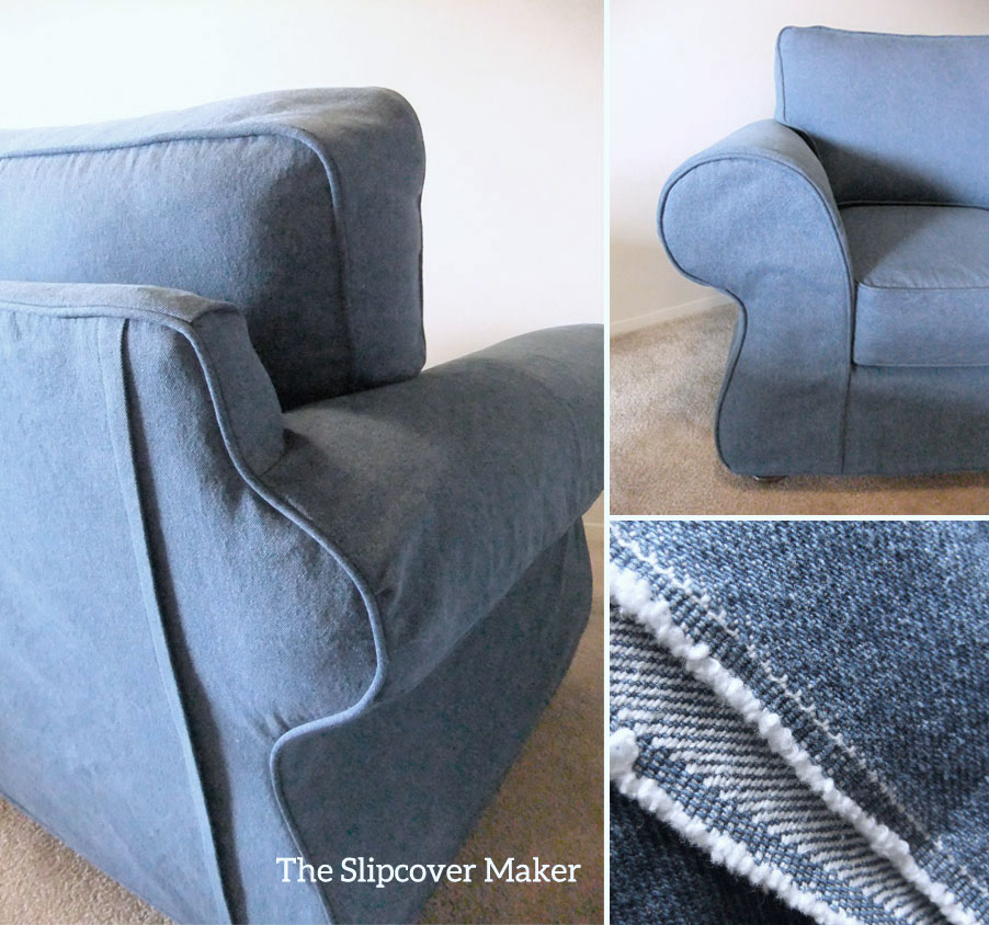 Chair slipcover in washed indigo blue denim
