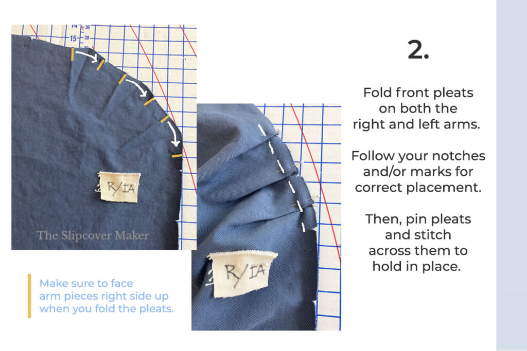 Pinned pleats on blue fabric.