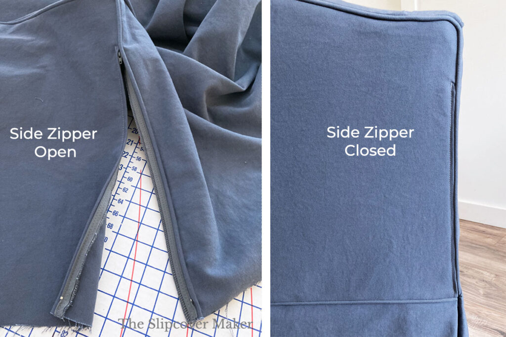 Blue denim slipcover zipper opened and closed.