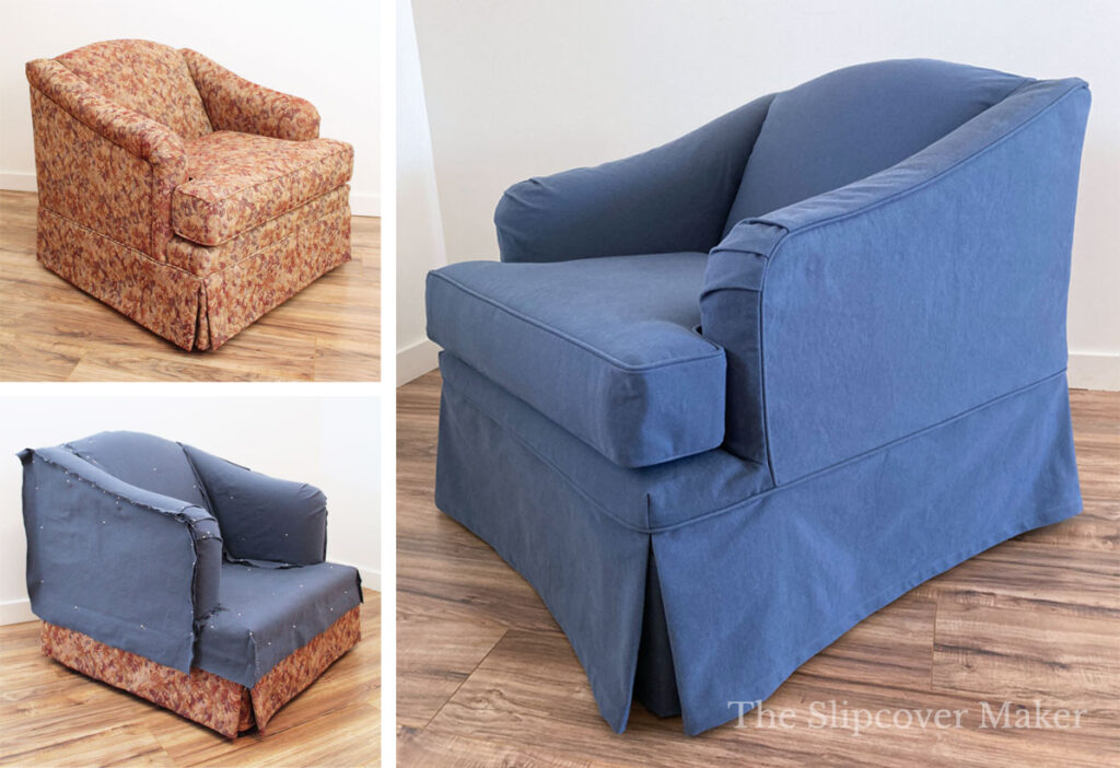 English rolled arm chair before and after blue slipcover.