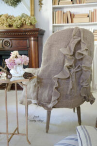 Back of burlap chair slipcover showing ruffle.