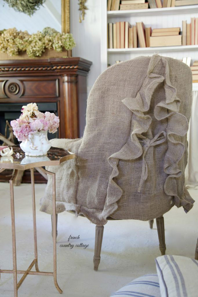 Back of burlap chair slipcover showing ruffle.