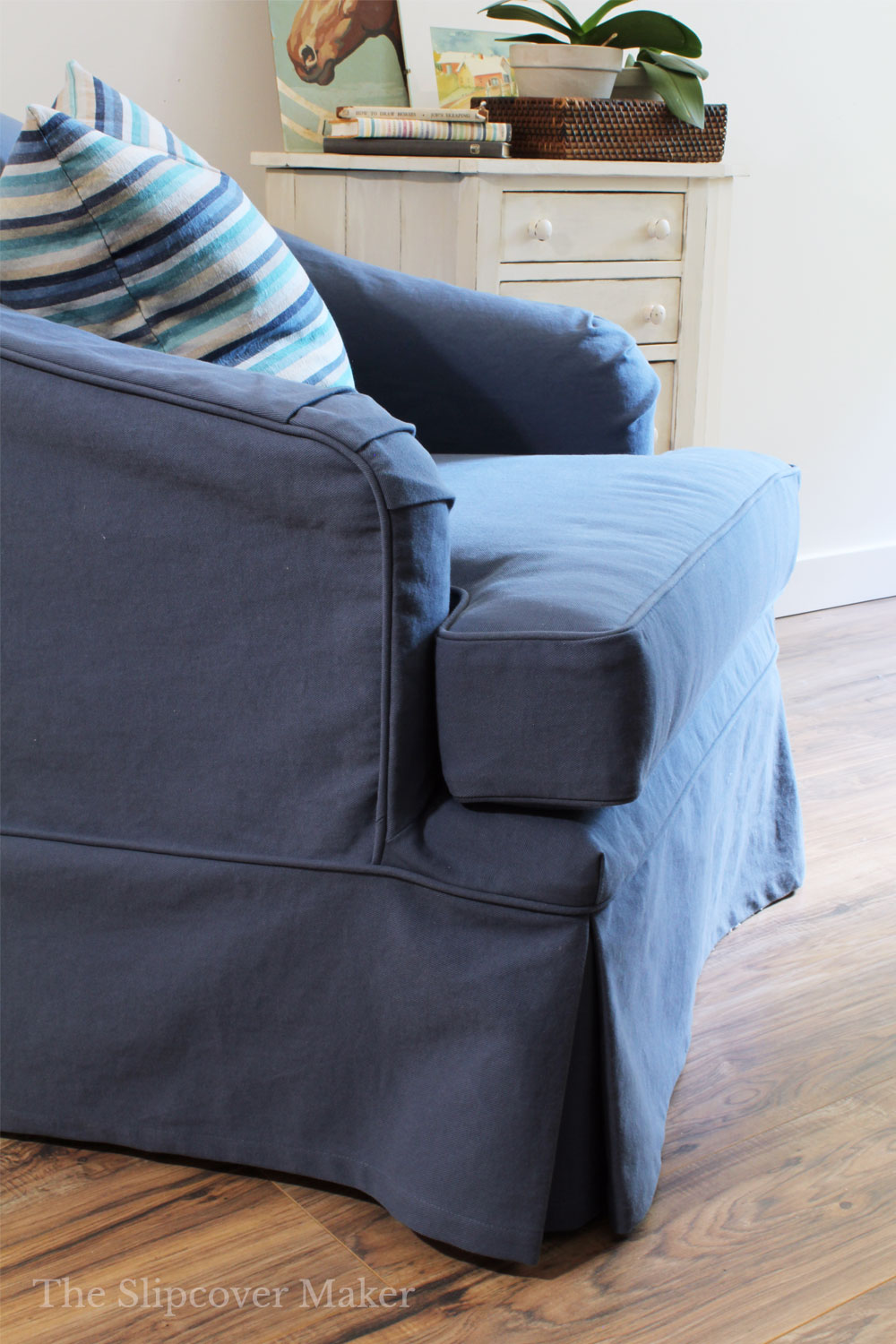 Blue denim chair slipcover cushion and skirt.