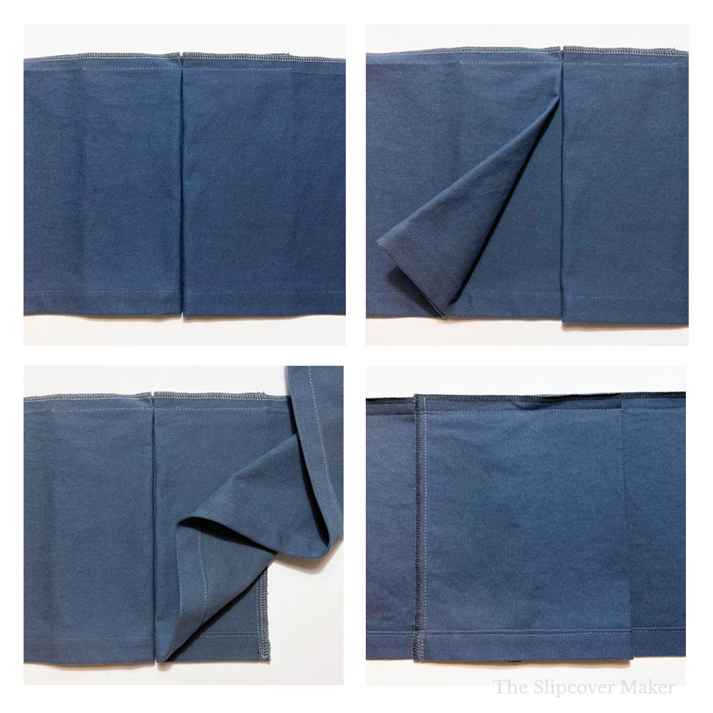 Four different views of slipcover inverted box pleat on skirt panel.