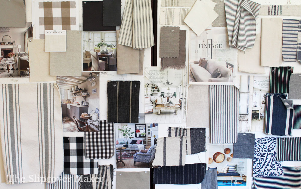 Pin board with variety of cotton and linen fabric swatches.