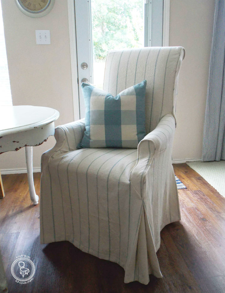 Striped linen dining chair slipcover.