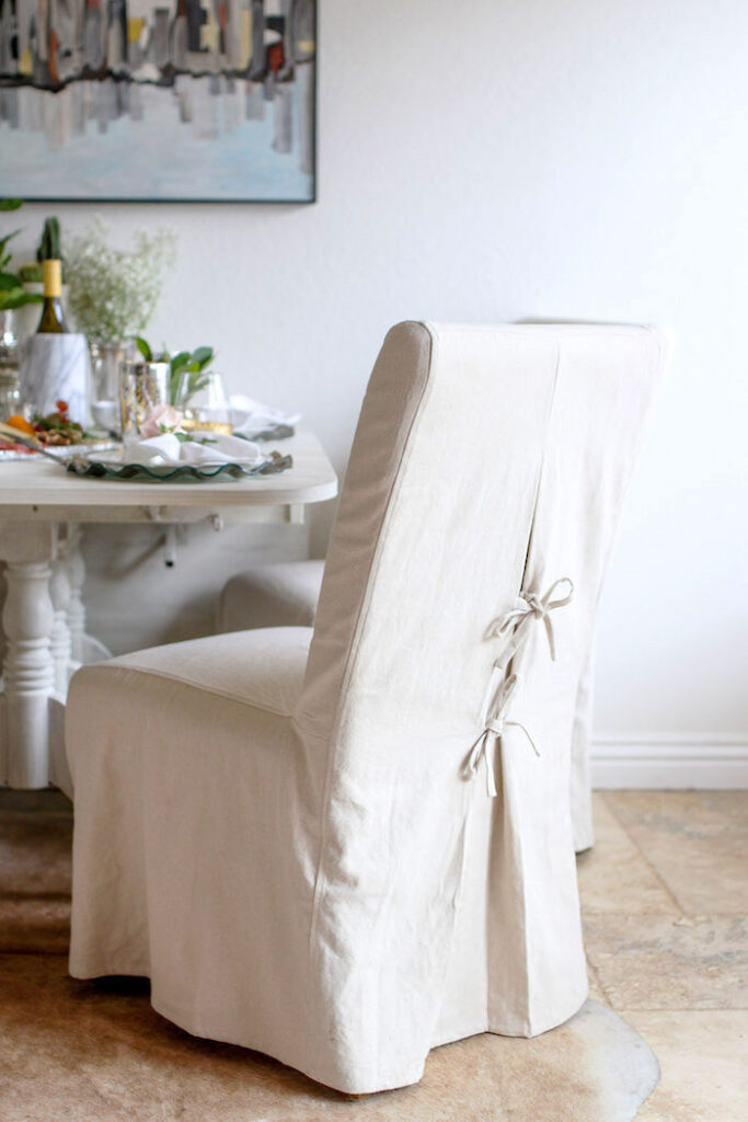 Natural canvas Parsons chair slipcover with ties.