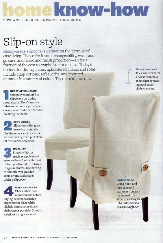 Loose fitting cream color chair slipcovers with buttons.