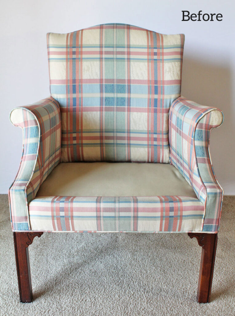 Plaid dining chair before slipcover.