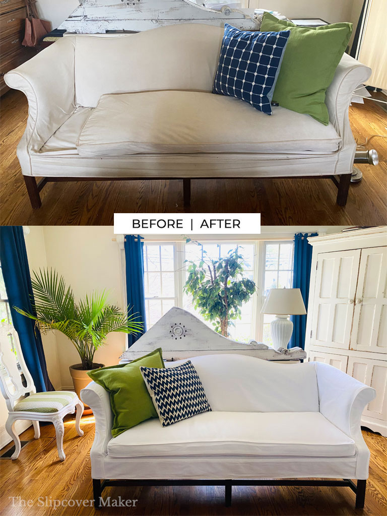 White sofa slipcover before and after.