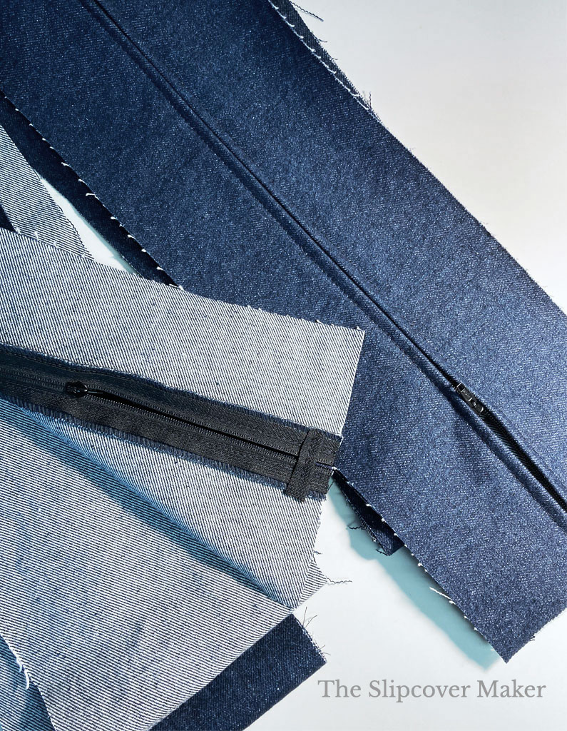 Blue denim slipcover zipper placement