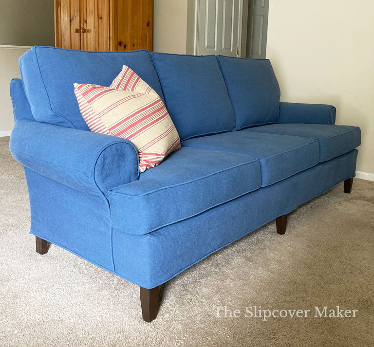 Blue canvas custom made slipcover for sofa.