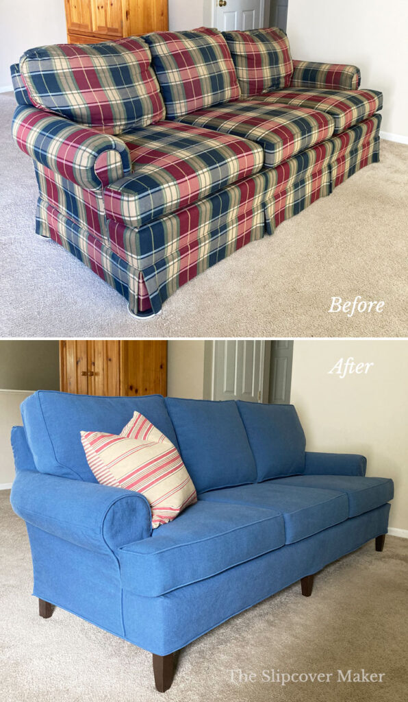 Blue slipcover for old Lazy Boy sofa.