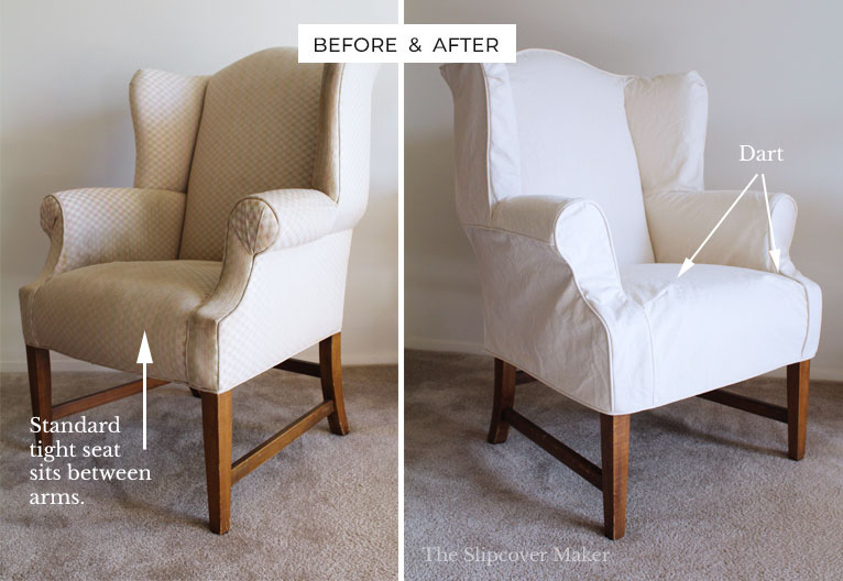 Fitted canvas slipcover on wingback chair.