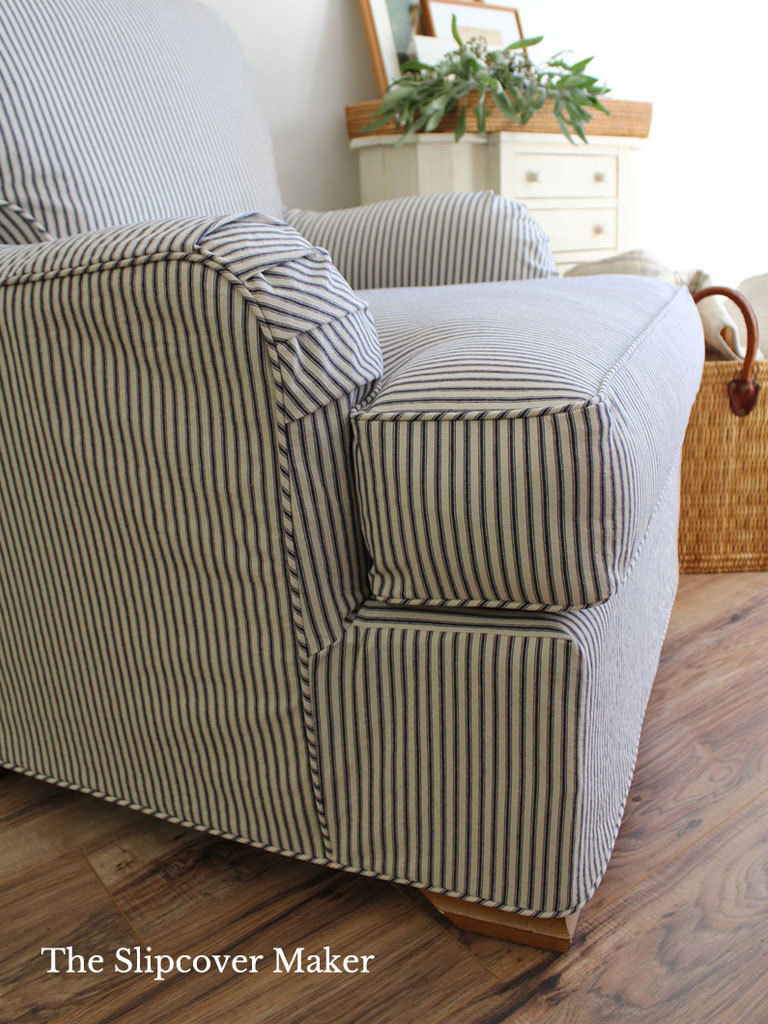 Club chair with indigo ticking stripe slipcover.