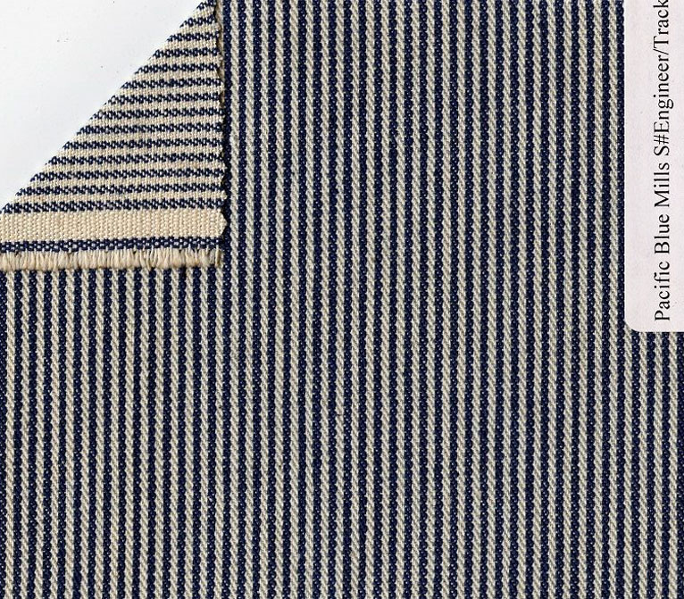 Narrow stripe denim indigo and natural colors.