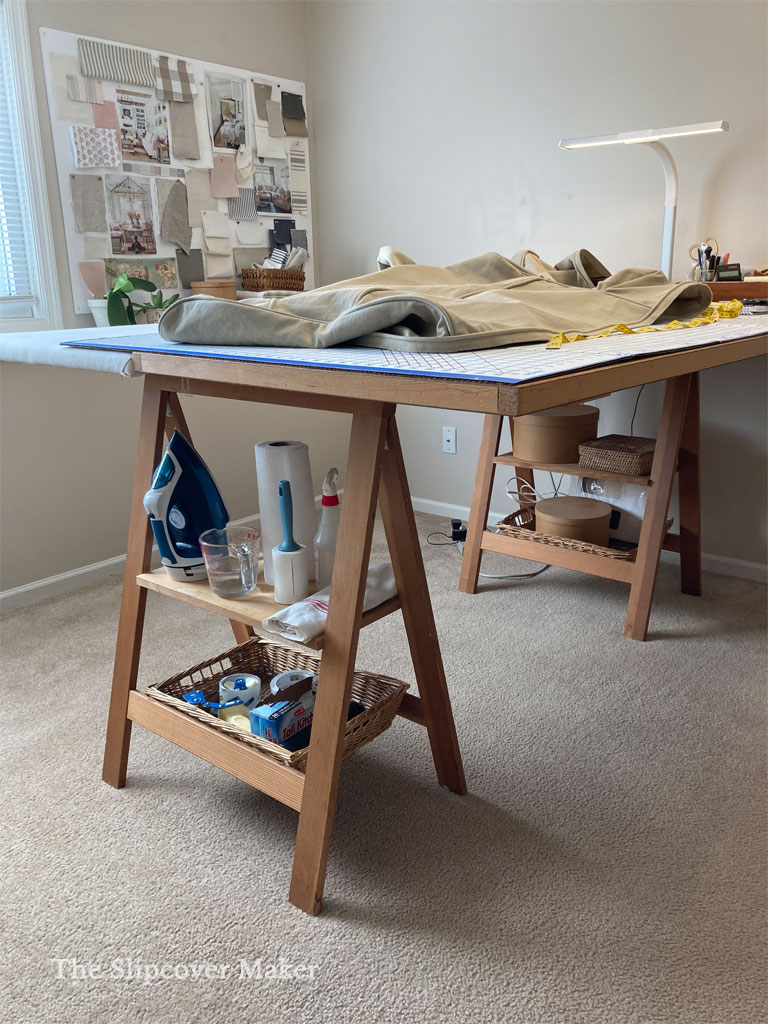 This image has an empty alt attribute; its file name is Slipcover-Worktable-with-Sawhorses-2.jpg