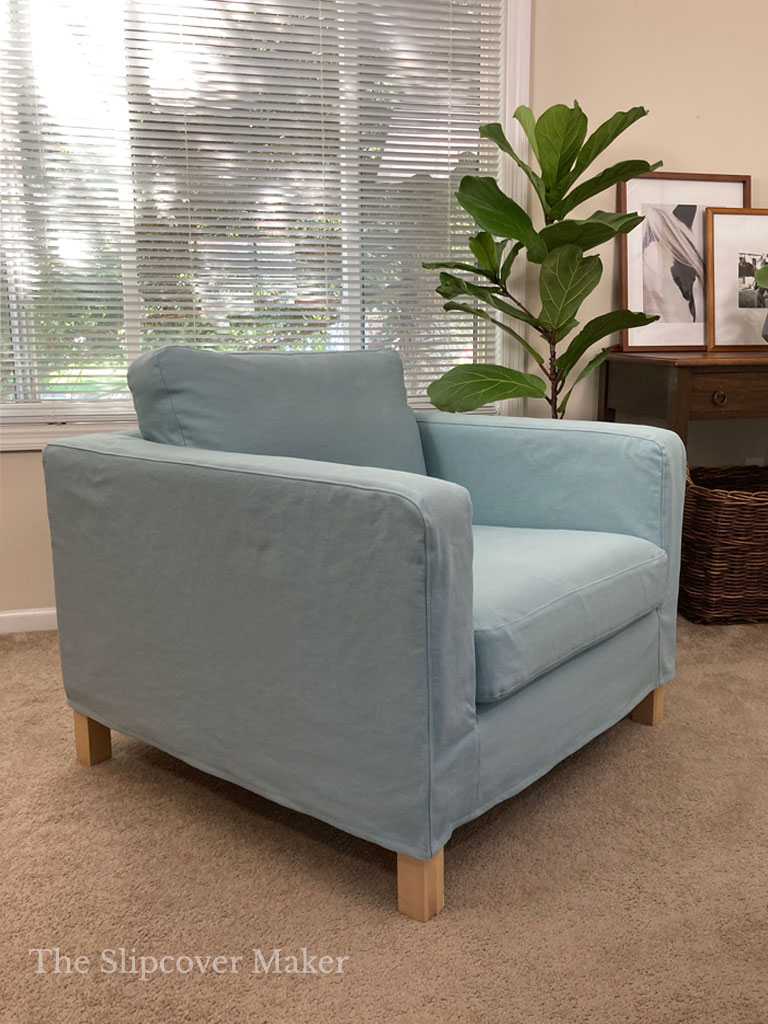 Aqua cotton denim slipcover on Ikea Karlstad chair.