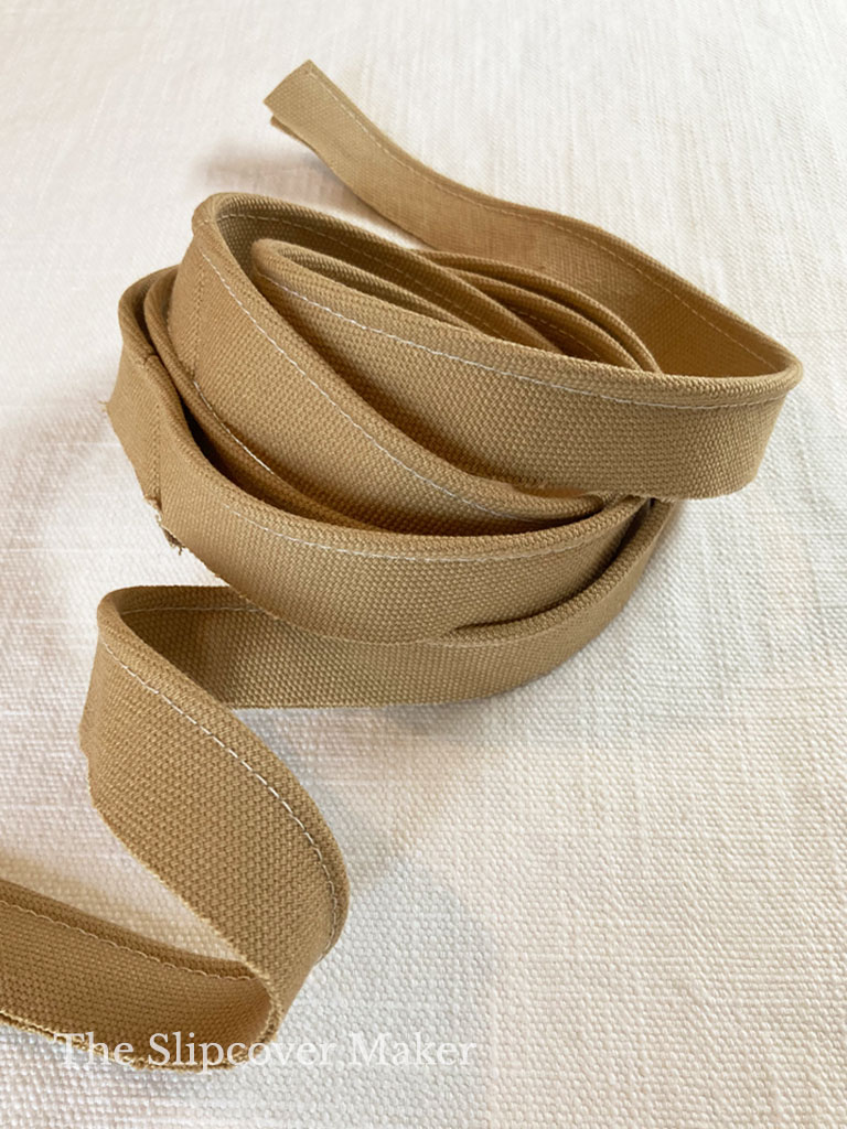 Micro welt cord sewn in tan canvas.