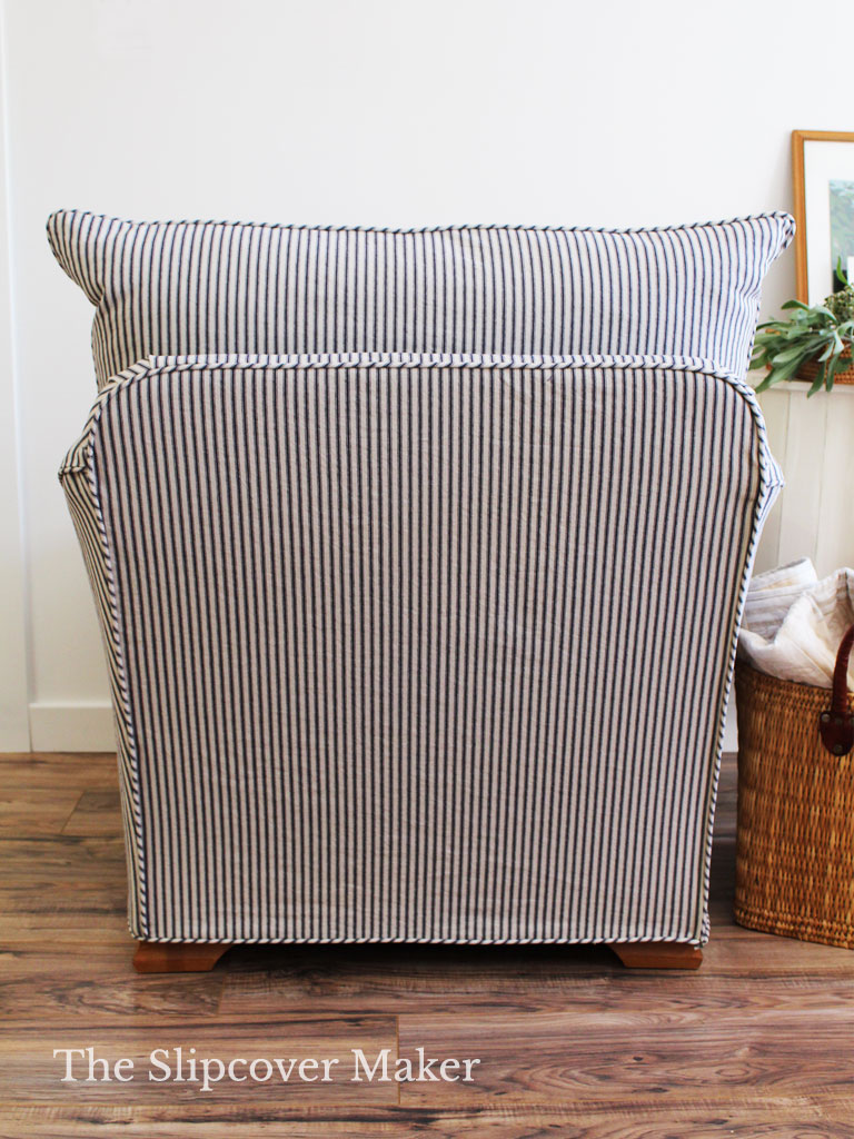 Ticking stripe slipcover chair back.