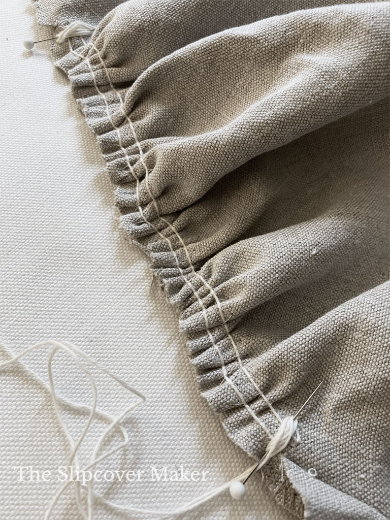 Gathered hemp canvas sofa slipcover.