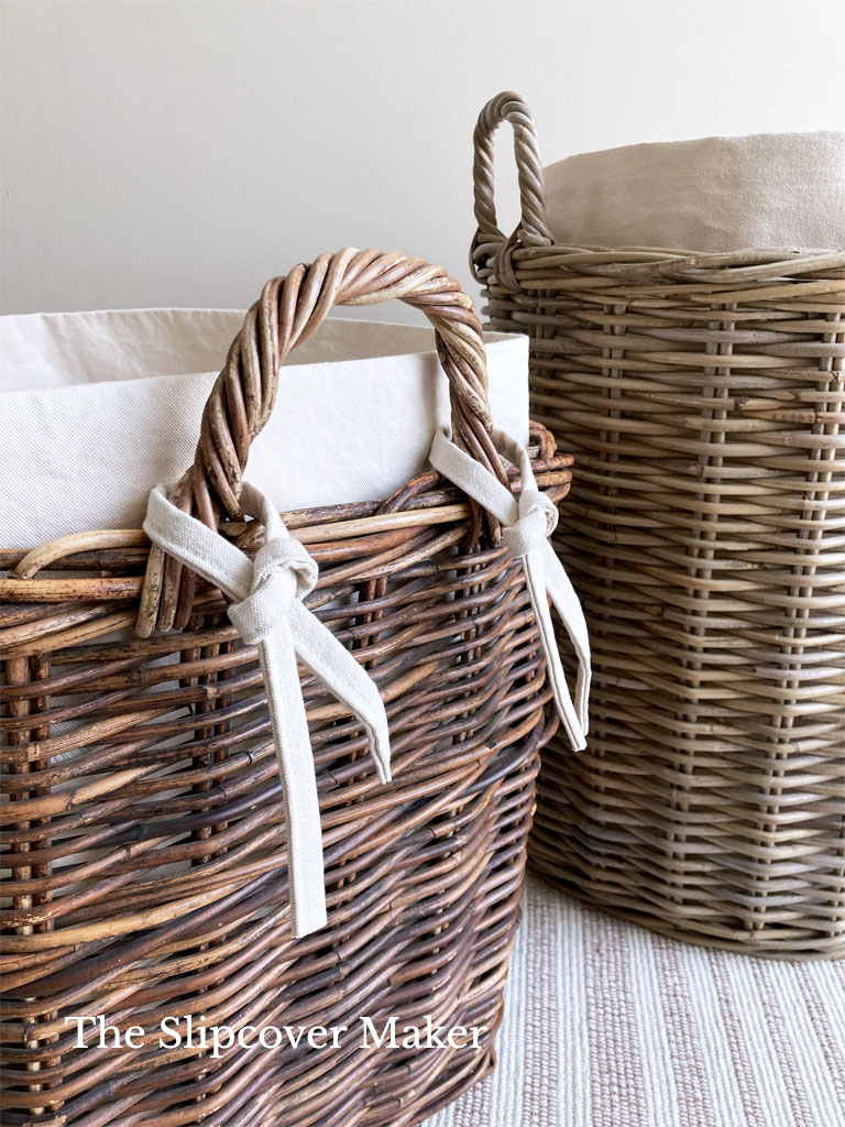 Canvas liner with ties for rattan basket.