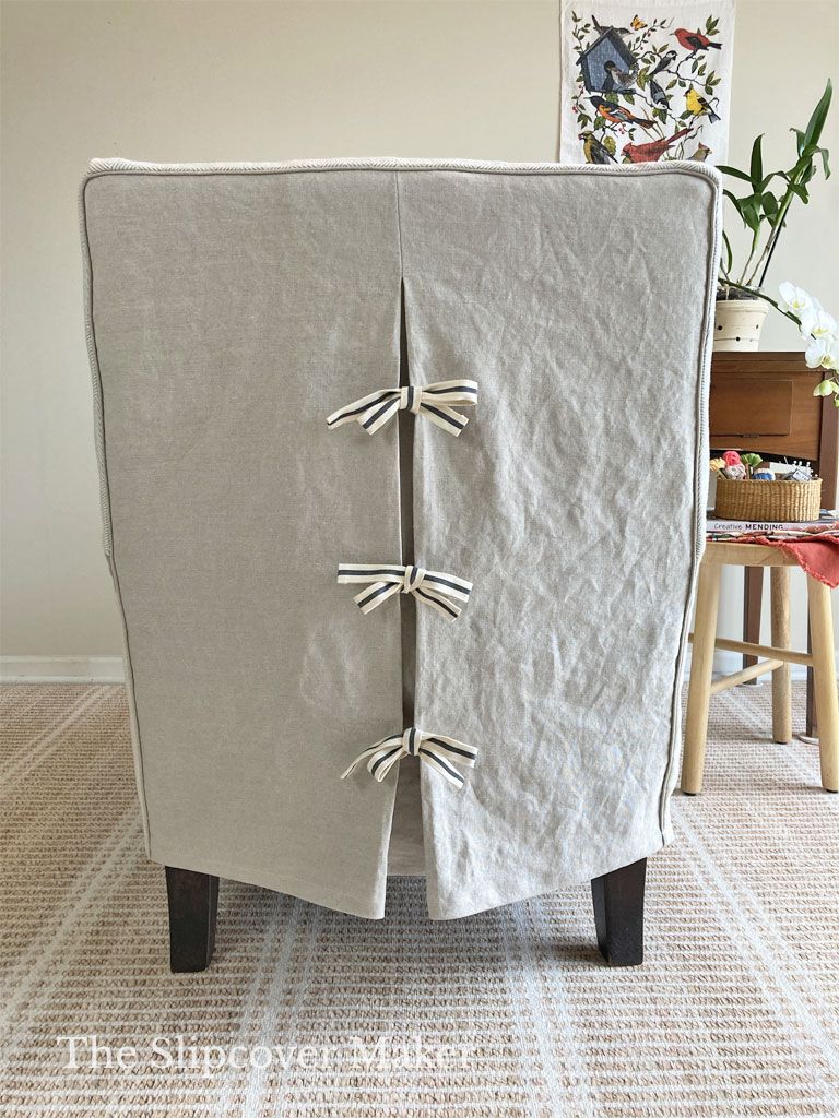 Linen chair slipcover back with ties.