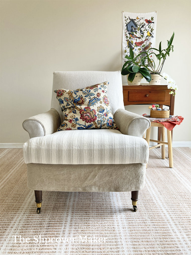 Chair slipcover made from five different fabrics.