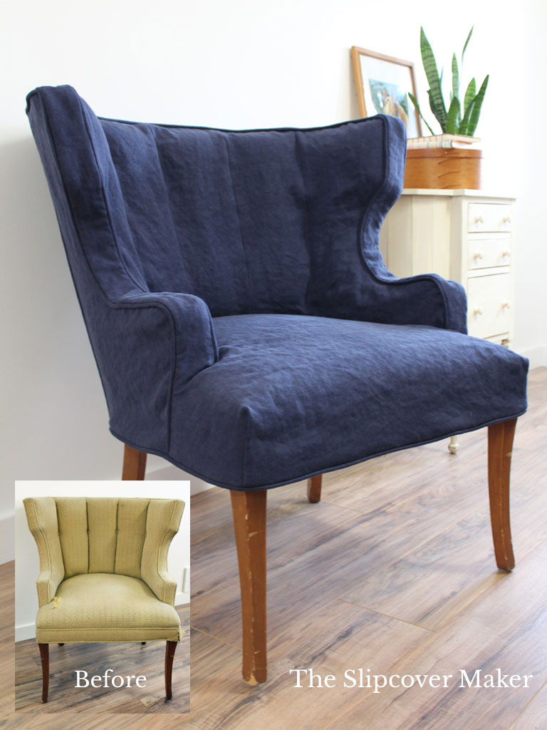 Channel back chair with navy blue slipcover.
