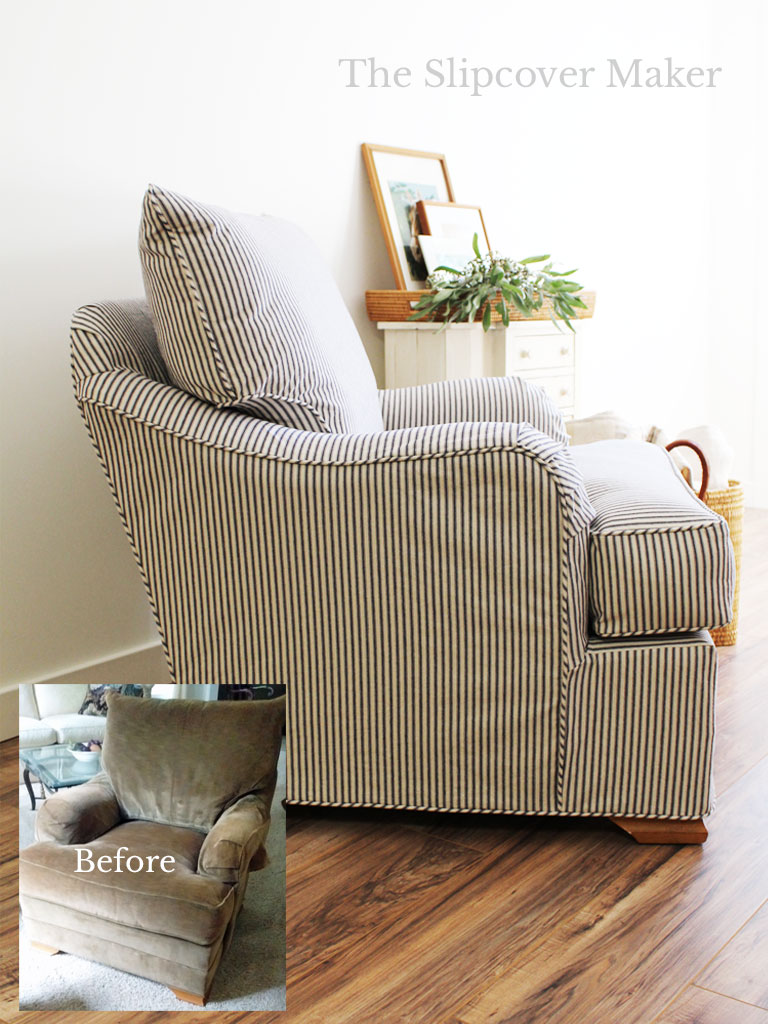 English rolled armchair with ticking slipcover.