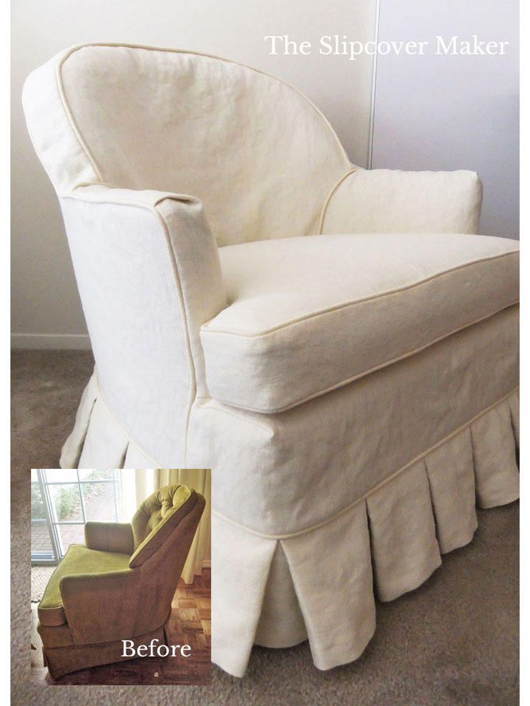 Vintage green chair with natural hemp slipcover.