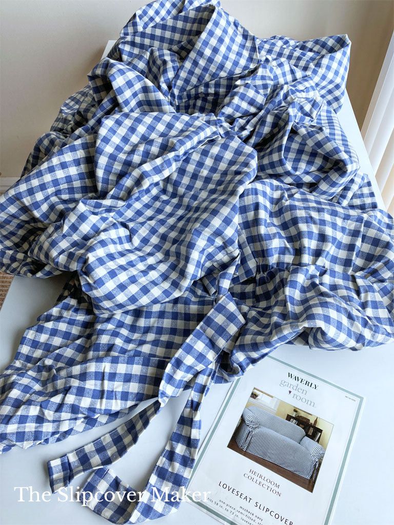 Waverly blue check slipcover unboxed.