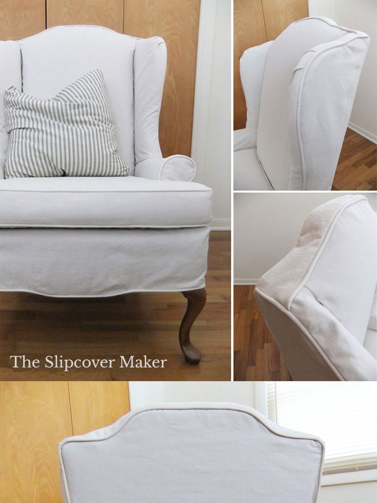 White canvas slipcover on wingback chair showing boxing placement.