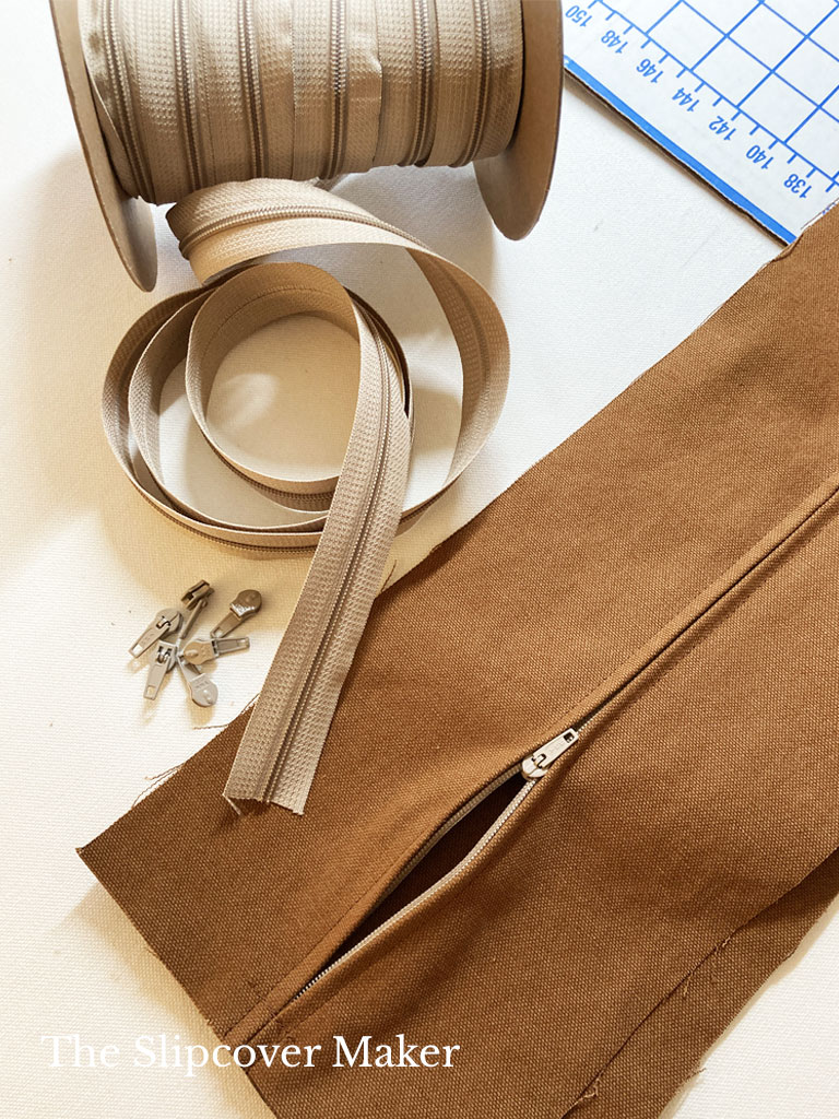 Brown canvas zipper panel for slipcover.