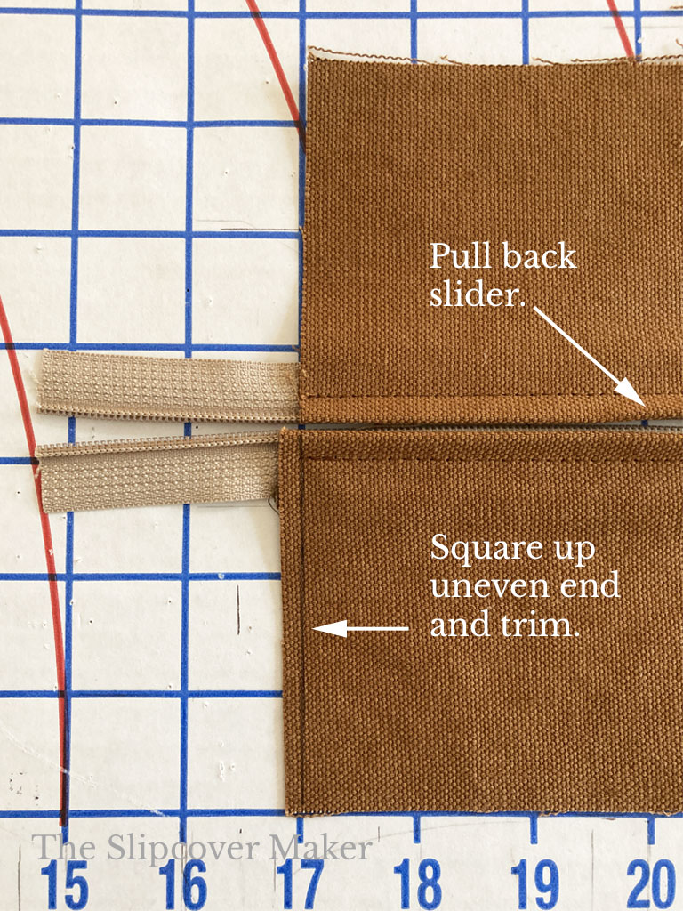 Squaring up zipper panel end.