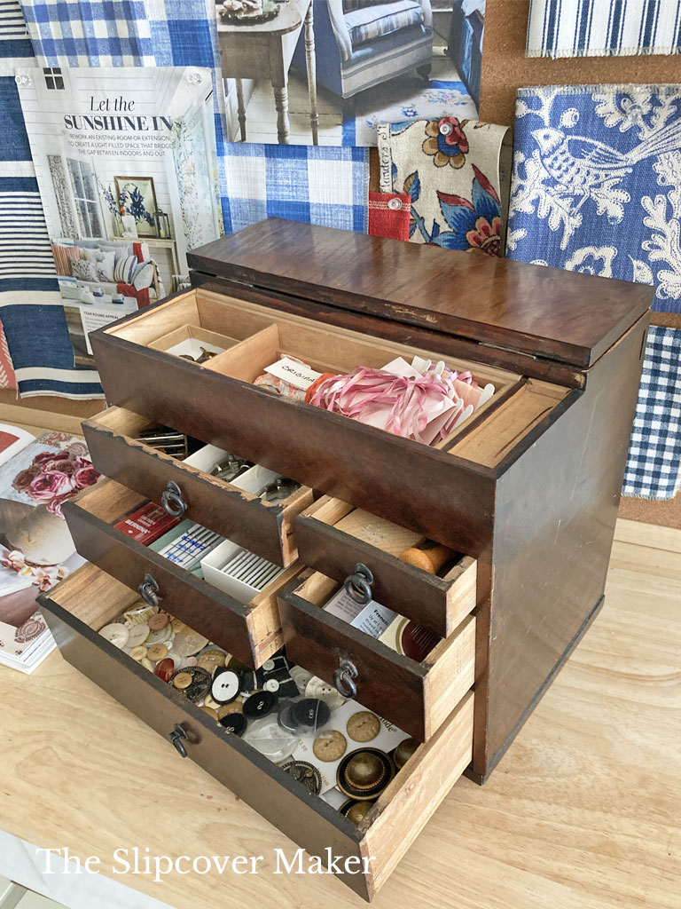Japanese sewing box drawers opened.