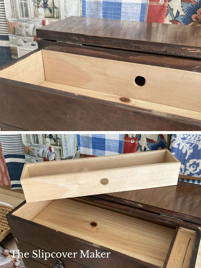 Hidden compartment in Japanese sewing box.