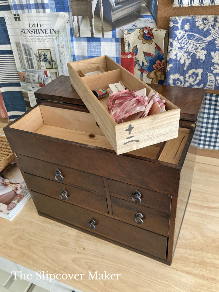 Upper tray in Japanese sewing box.