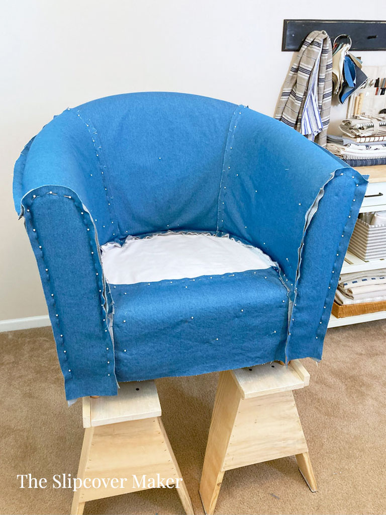 Barrel chair slipcover pinned right side out.
