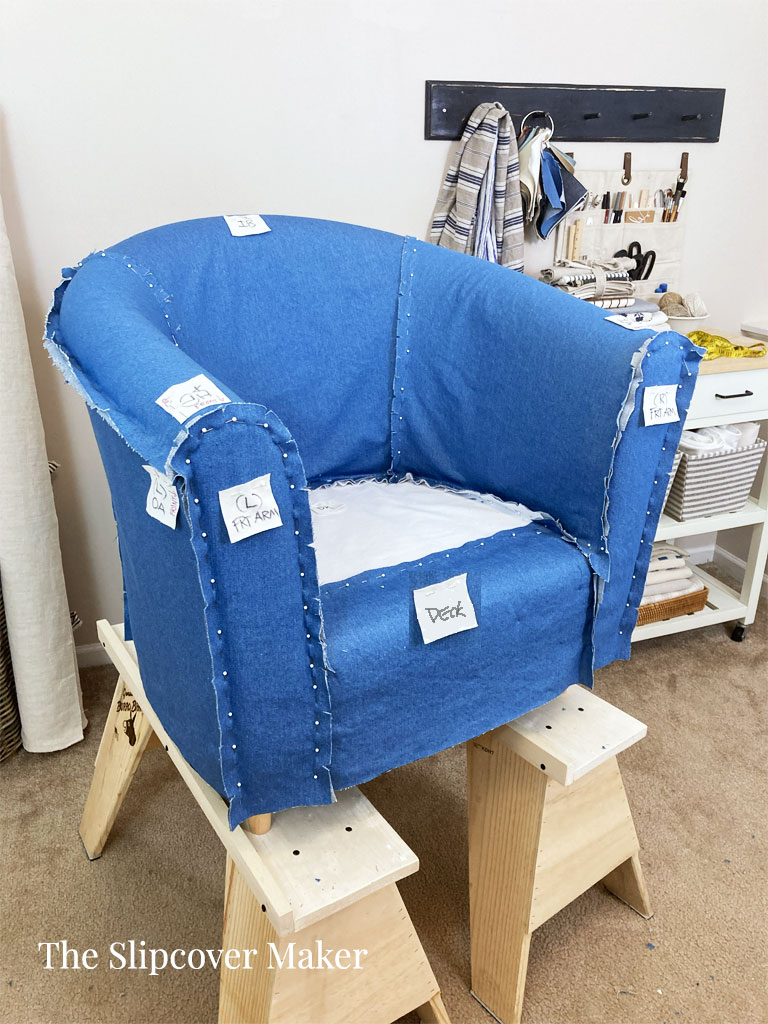 Barrel chair slipcover pinned and labeled.