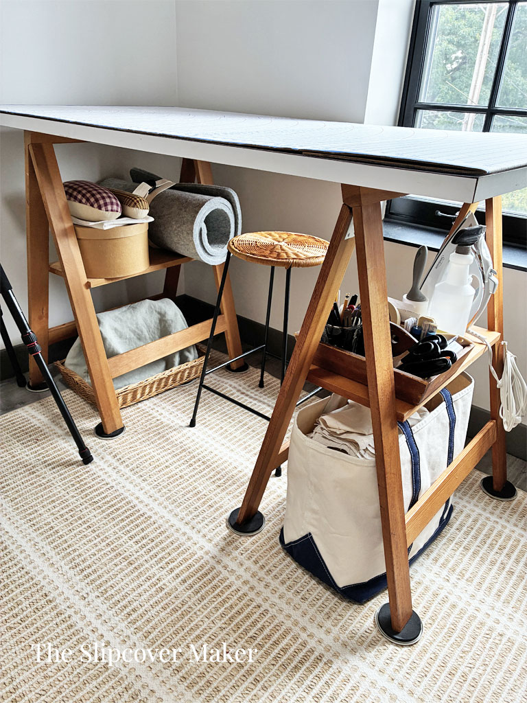 Cutting table in slipcover workroom.