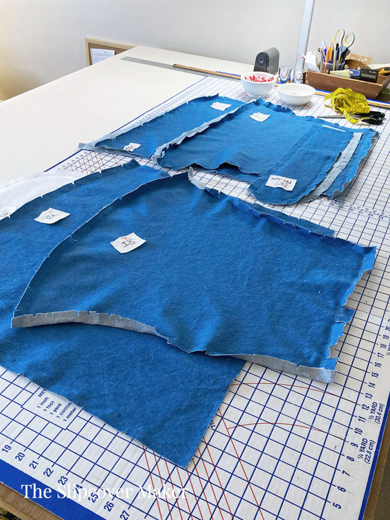 Unpinned slipcover sections ready to sew.